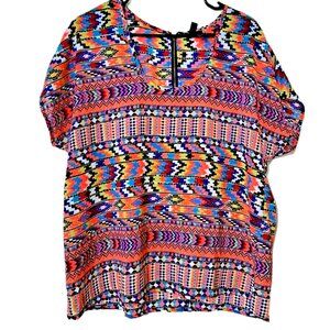 Fun & Flirt Womens Blouse Xlarge geometric Zip Back Colorful Retro Neon